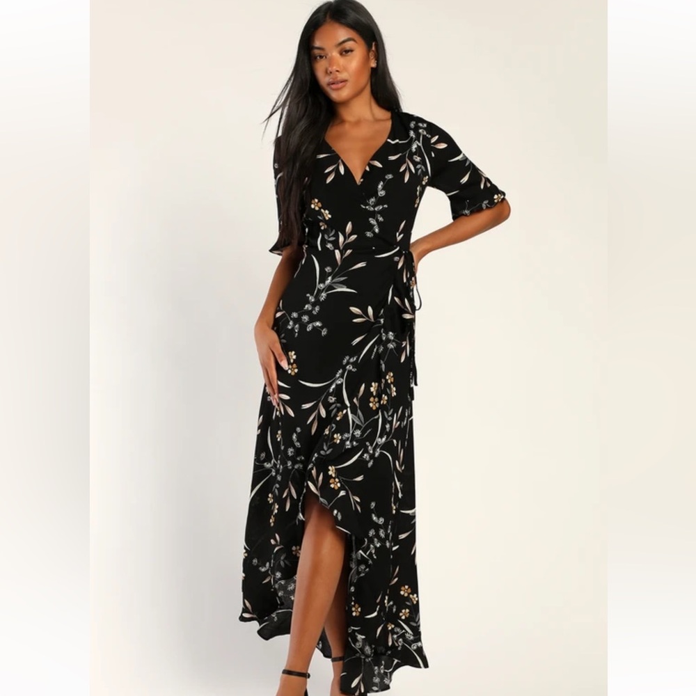 Wild Winds Black Floral Print High-Low Wrap Dress